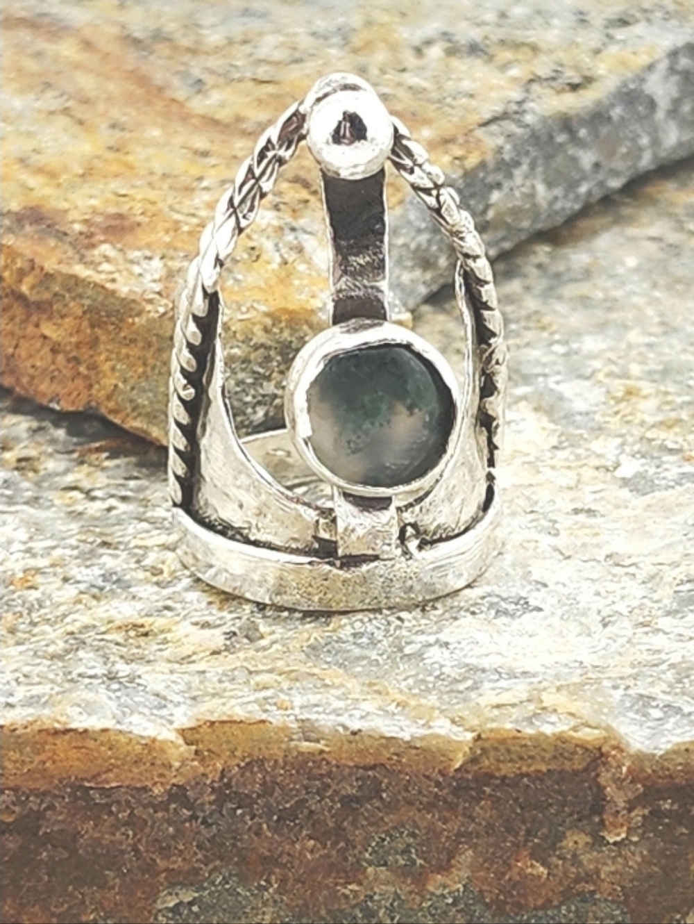 MOSS AGATE CATHEDRAL TRACERY WINDOW GOTHIC RING HANDMADE STERLING SILVER SZ 7